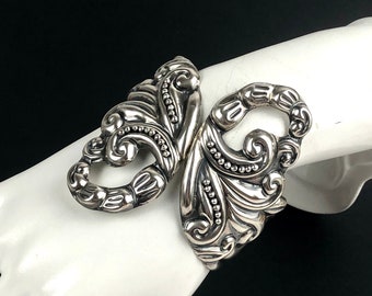 Collectible Taxco Mexico Signed CP 925 Sterling Silver Bypass Hinged Clamper Cuff Statement Bracelet / Repousse Floral / Size 7.25