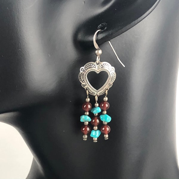 Q.T. QUOC Sterling Silver Stamped Open Heart with Turquoise and Carnelian Beads Dangle Ear Wire Earrings