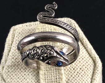 Anillo de plata de ley, marcasita y serpiente de ojos azules, con diseño en espiral, talla 10