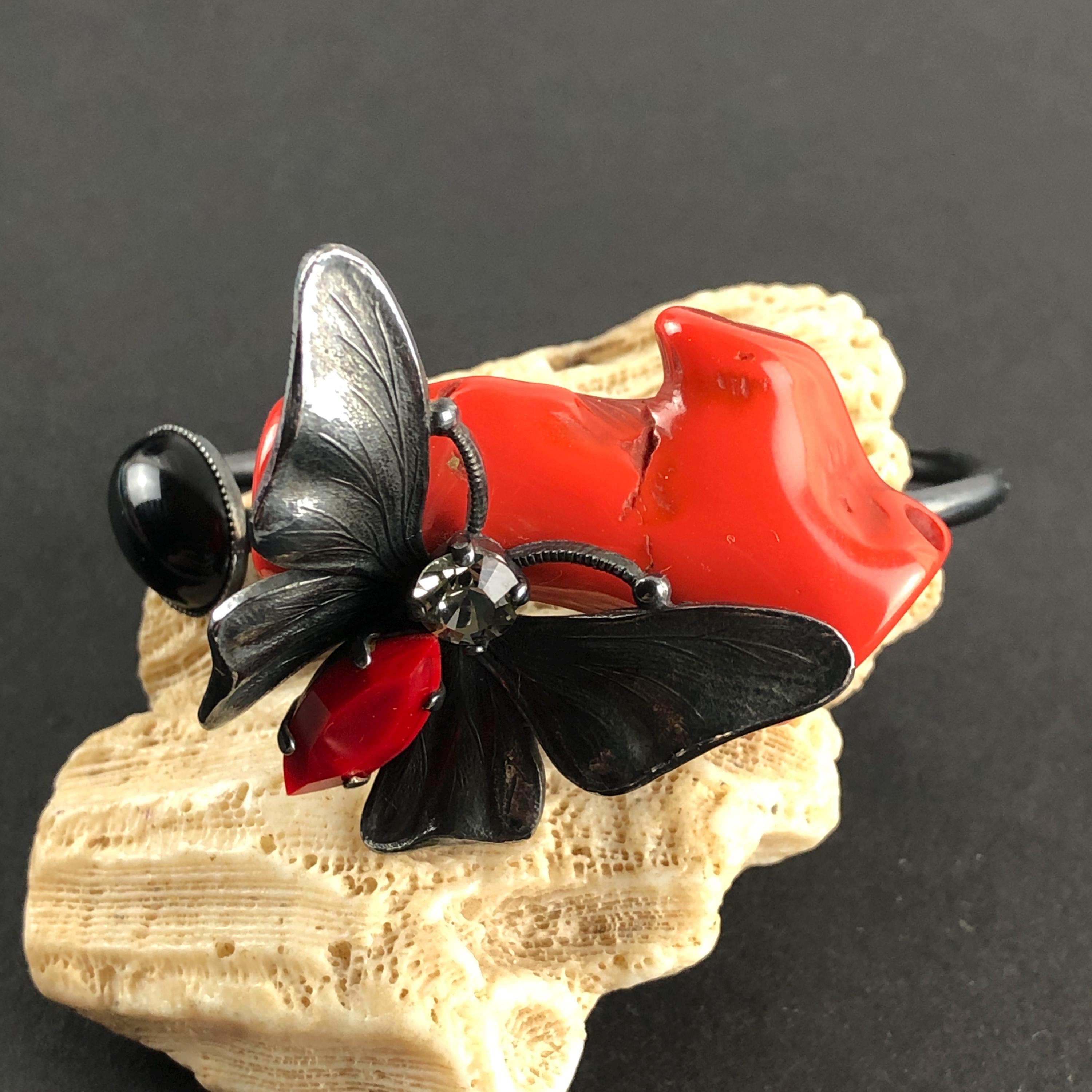 Philippe Ferrandis Paris Butterfly Cuff Bracelet: Red Stone Insect