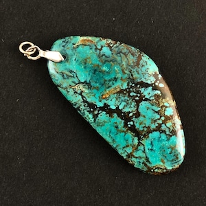 Estate Polished Turquoise Gemstone Pendant with Silver Tone Bale / Rounded Corner Triangle Shape