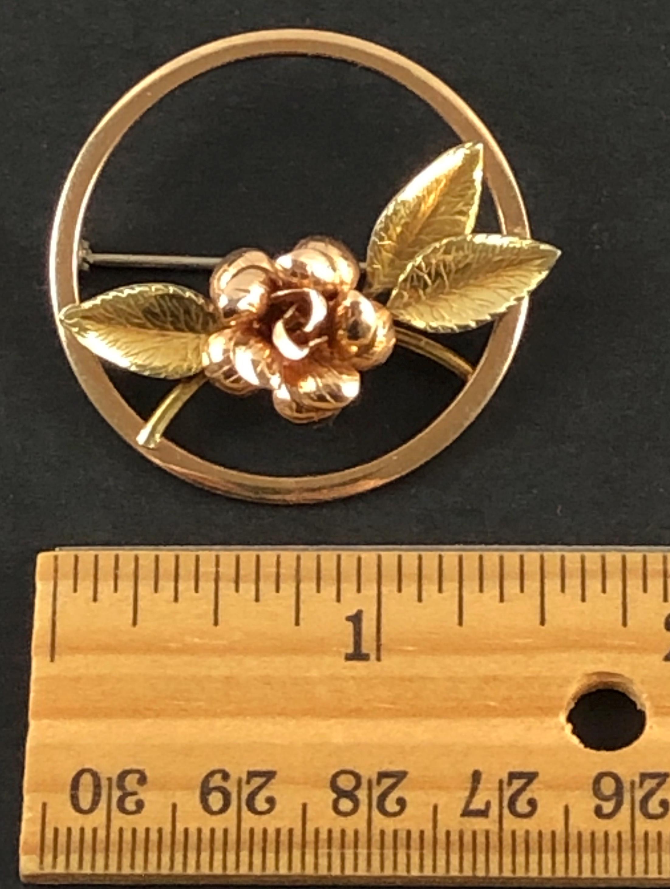 Broche Vintage Années 50 Krementz - Plaqué Or Rose Et Jaune - Motif Roses Réalistes 57x40mm