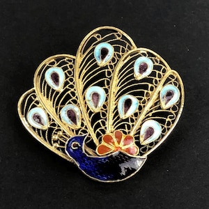 Art Nouveau Filigree Peacock Brooch: Sterling Silver Gold Vermeil Enamel Pin