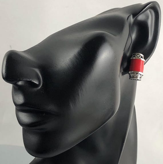 Sterling Silver and Red Composite Scroll Rectangu… - image 2