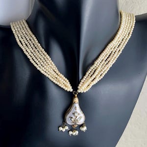 Vintage Multi Strand Champagne Color Faux Pearls Beaded Necklace with Art Deco Gold Tone Pendant / 17.5-Inch / Bridal/Wedding, Gift for Her