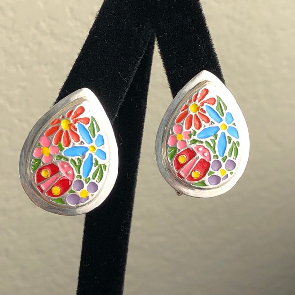 Sterling Silver and Enamel Omega Back Pierced Earrings / Teardrop Shape Flowers and Ladybug Insect / Red, Yellow, Blue, Purple Colors