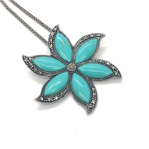 Sterling Silver Marcasite Turquoise Color Flower Necklace / Six Petal Flower Pendant on 18-Inch-Long Popcorn (Coreana) Chain signed “J”