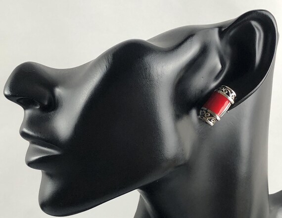 Sterling Silver and Red Composite Scroll Rectangu… - image 5