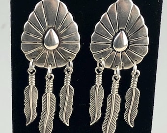 Sterling Silver Concho Feather Drop Earrings: Southwestern Style