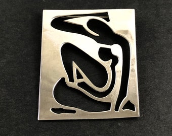 Large Vintage Sterling Silver Cut Out Female Figure Statement Brooch / Abstract, Modernist Design / Mexican Silver