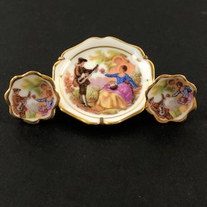 Antique Hand-Painted Limoges France Demi-Parure Brooch and Clip-On Earrings/Estate Fragonard Victorian Courting Couple/Trombone Catch