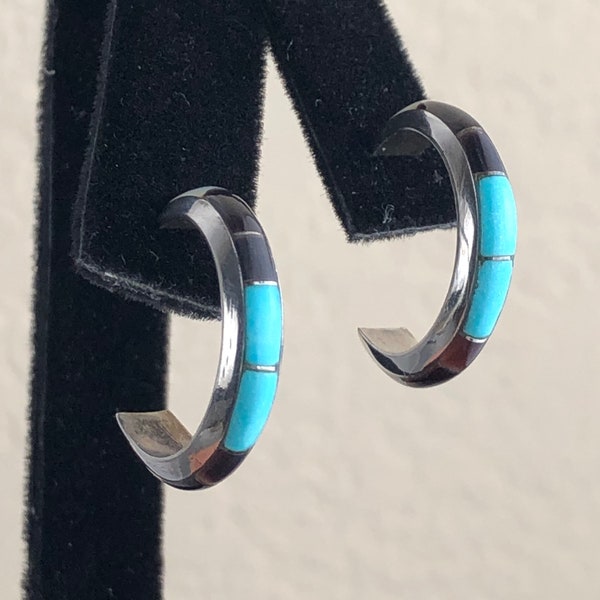 Southwestern Zuni Sterling Silver Turquoise, Mother of Pearl MOP and Purple Spiny Oyster Inlay Push Back Hoop Earrings / Signed J.C. Chico