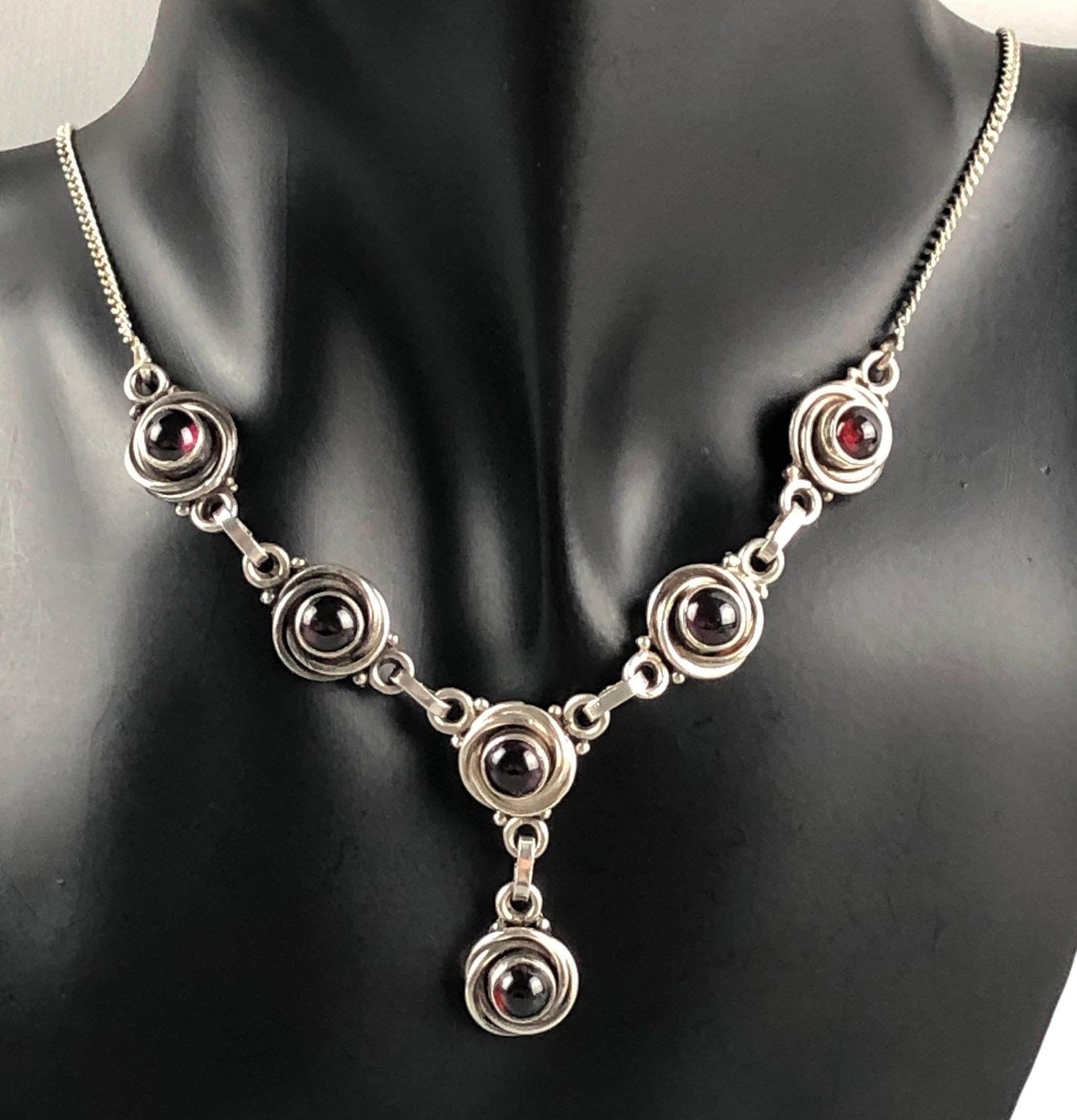 Sterling Silver Garnet Cabochon 21 Inch Long Bib Necklace - Brutalist…