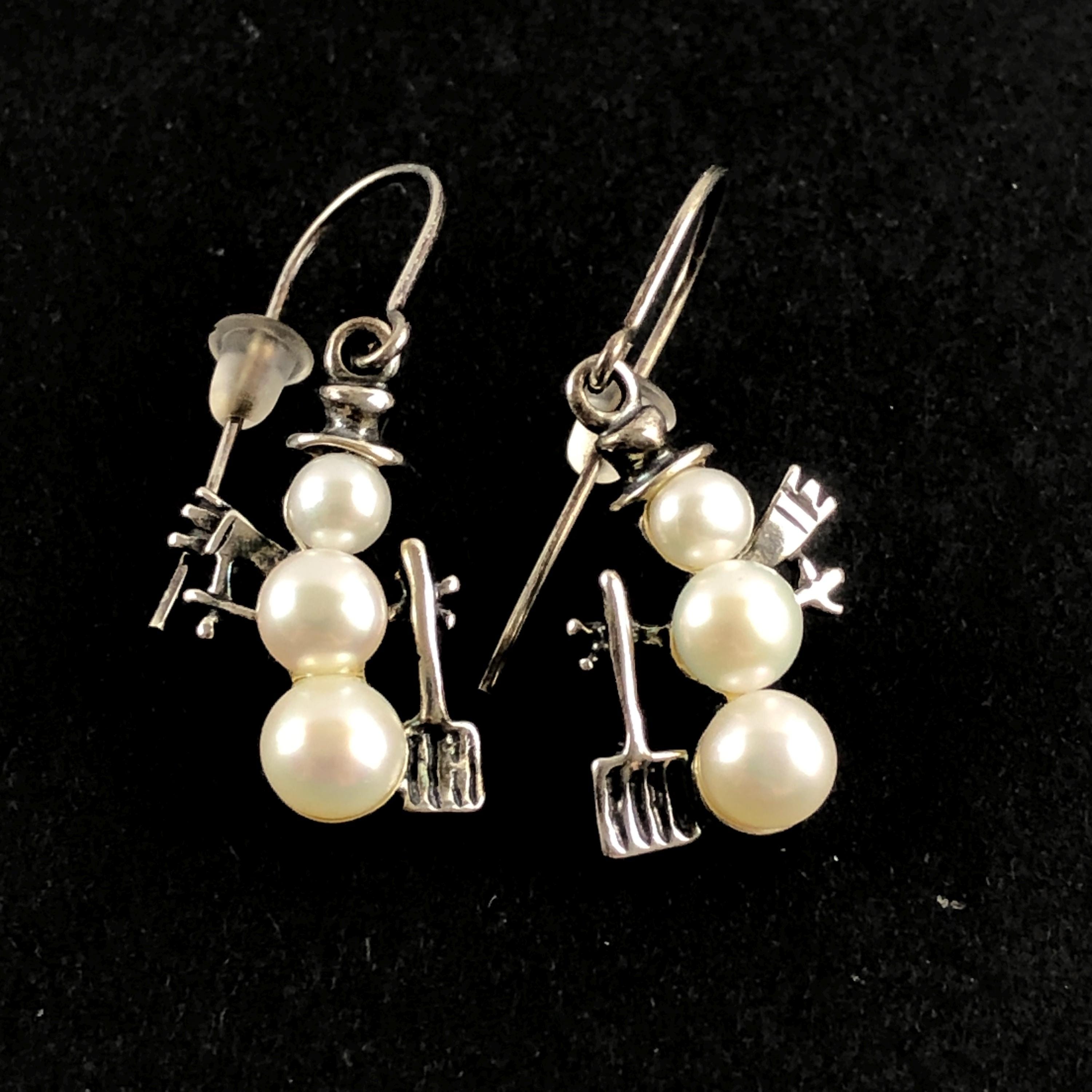 Snowman Earrings with Shovel Winter Christmas Sterling Silver Cultured Freshwater Pearl Snowman Earrings with Shovel Winter Christmas Sterling Silver Cultured Freshwater Pearl