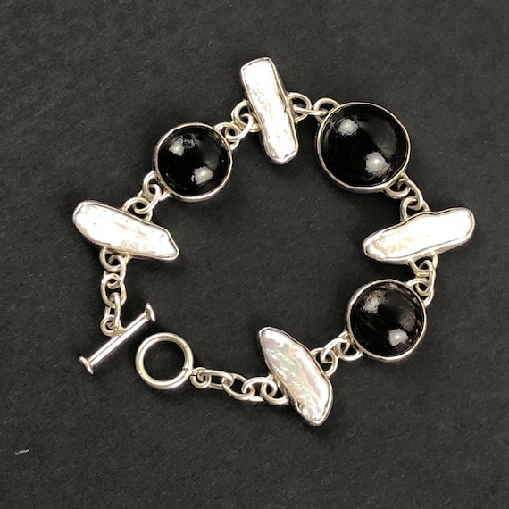 Black Petrified Wood and Mother of Pearl Sterling… - image 1