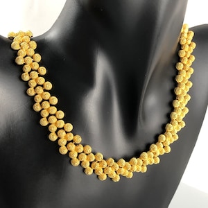 1980’s Vintage Runway Gold Tone Chunky Brushed Hobnail Domes Three Row Choker Collar Necklace / 18” Long / 0.60” Wide