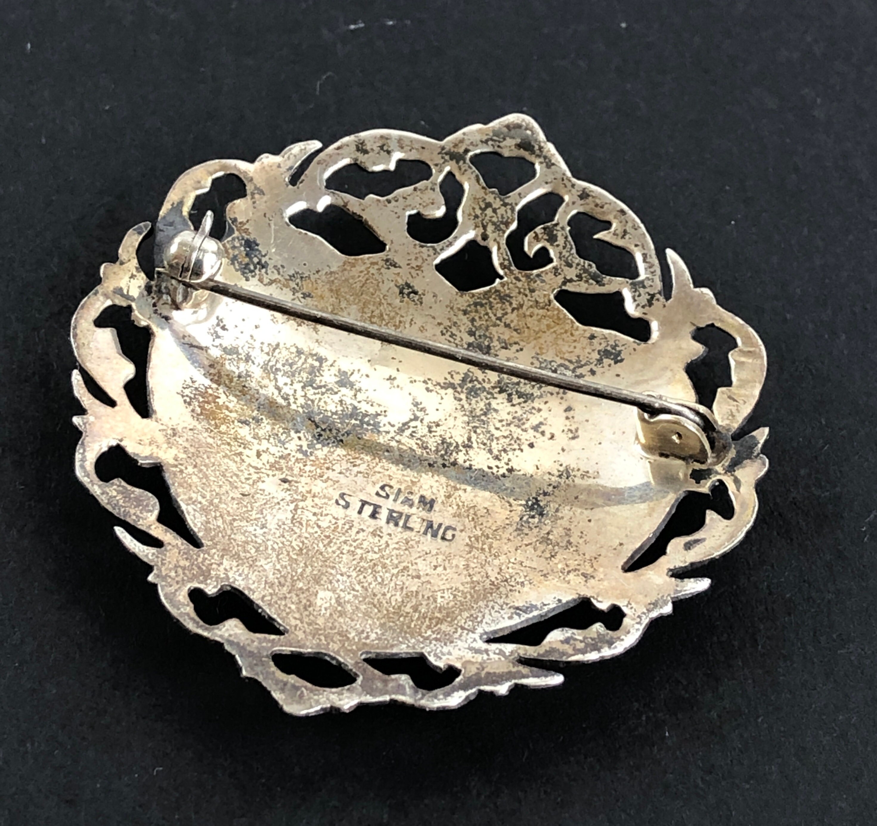Parure Asiatique Argent Massif Niellé Siam Sterling - Broche Et Bracelet Danseuses, Bijou Vintage Occasion