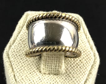 Sterling Silver Modernist Mid-Century Two-Tone Statement Ring / Size 5.75 / Gold-Tone Rope Shiny Silver Wide Band Ring