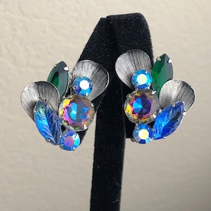 Vintage DeLizza & Elster Clip-On Earrings with Watermelon, Molded and Faceted Blue and Green Rhinestones, Silver Tone Textured Leaves