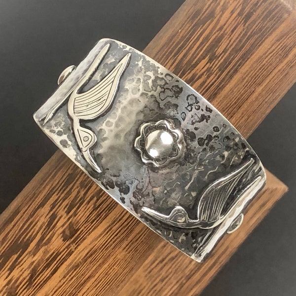 Rare Collectible GRAZIELLA LAFFI Bird Overlay on Hammered Sterling Silver Overlay Cuff Bracelet/Peru 925 Handmade Modernist Bracelet/Size 7"