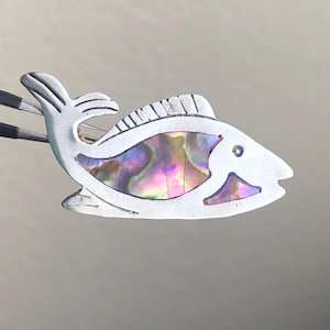 Vintage Southwestern Mexican Sterling Silver and Abalone Shell Inlays in Fish Shaped Pin Brooch