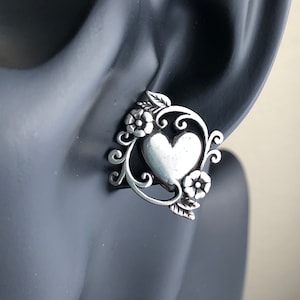 Jezlaine Sterling Silver 925 Hearts and Flowers Repousse Push Back Stud Earrings