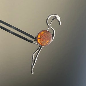 Vintage Amber Sterling Silver Flamingo Pin Brooch / Bird Jewelry / Exotic Bird
