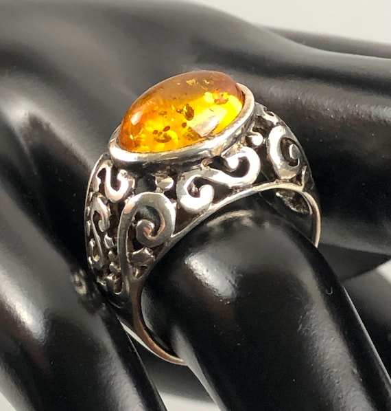 Bague Ancienne En Argent 925 Et Ambre De La Baltique - Taille 56 - Occasion