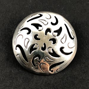 Estate Taxco Sterling Silver Cut Out Domed Round Brooch Pendant / Signed EMT Eagle 209 Mexico 925