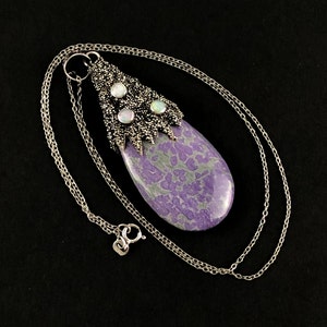 Rare Vintage Sterling Silver, Lavender-Purple Sugilite and Natural Opal Pendant Necklace / 19”-Long Rolo Chain / Brutalist