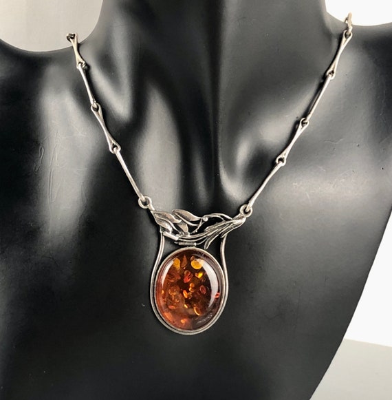 Large Oval Baltic Amber Sterling Silver Cattail P… - image 2