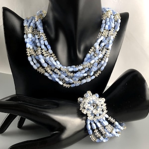 Ensemble demi-parure de collier ras du cou multirangs et bracelet Vendôme / Verre agate bleu dentelle / Collier réglable 18" / Ensemble cadeau bracelet 7,5"