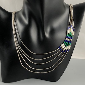Estate Navajo Southwestern 5-Strand Waterfall Liquid Silver Asymmetrical Necklace with Malachite, Mother of Pearl and Lapis Beads 20” Long