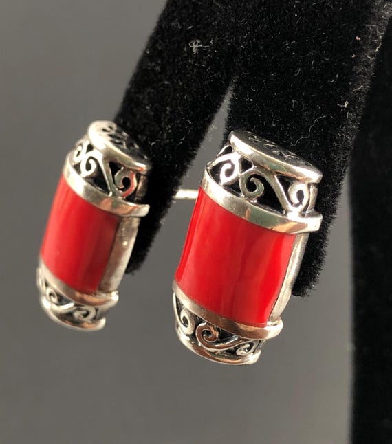 Sterling Silver and Red Composite Scroll Rectangu… - image 3