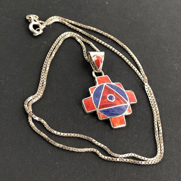 Fine Silver 950 Sodalite, Spiny Oyster Inlay Peruvian Cross Pendant / Blue, Red / 18” Box Chain Rm Italy 925 /Circle, Triangle and Cross