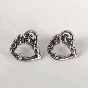 Signed Pacific Jewelry Southwestern Sterling Silver Floral Open-Heart Earrings / Push Back overlay Flowers on Heart Shaped Earrings