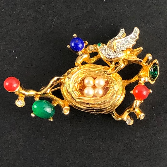 Broche Oiseau Métal Doré Avec Perles Rouges Et Strass
