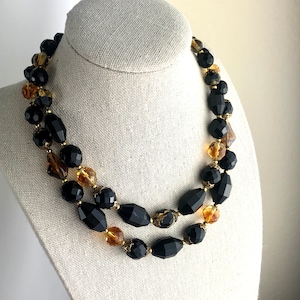 Vintage Crown Trifari Two-Tone Givre Crystal Necklace: Faceted Black Plastic, 17&quot;