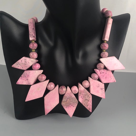 Vintage Pink Rhodonite Gemstone Choker Necklace /… - image 1