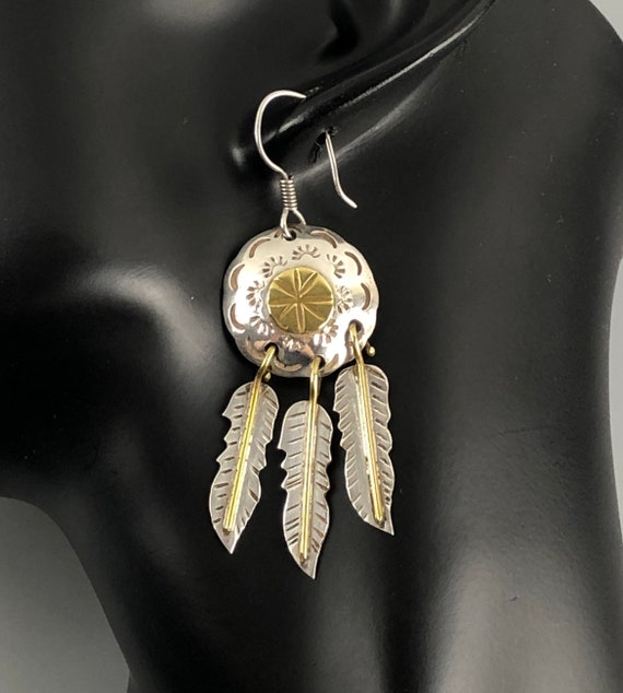 Taxco Sterling Silver Concho Feather Earrings: Southwestern Dangle Jewelry View 5