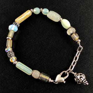 Sterling Silver, Quartz, Seafoam, Iridescent Art Glass Beaded Bracelet / 6.75-7-Inch Long