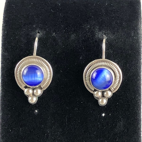 Estate Mexican Sterling Silver 925 Navy-Blue Cat’s Eye Glass Stone Ear Wire Drop Earrings / Chatoyant Blue Stone / Southwestern