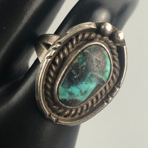 Vintage Old Pawn Southwestern Indigenous Turquoise Sterling Silver Ring / Small Pinkie Size 4.5 / Oxidized Silver Ring