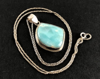 Sterling Silver 925 Larimar Gemstone Pendant Necklace / 24”-Long Twisted Box Chain FAS Italy 925