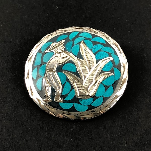 Vintage Mexican Sterling Silver 925 Crushed Turquoise Color Stone Inlay Round Brooch Pendant /Southwestern Jewelry / Man and Crop, Ag Worker