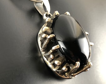 Brutalist Sterling Silver 925 Black Onyx Cabochon Pendant Necklace/Mid-Century Estate Black Stone Modernist 3D Pendant / 20-Inch Snake Chain