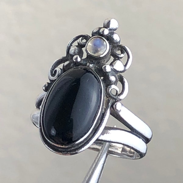 Estate Sterling Silver Black Tourmaline, Rainbow Moonstone BOMA Statement Ring / Size 4.75 / Asymmetric, Crown Shape