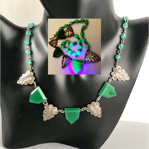 Antique Art Nouveau Vaseline Uranium Green Glass UV Reflective Silver Tone Leaf Motif Necklace/17”-Long /Botanical Plant Theme / Collectible