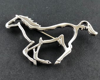 Sterling Silver Running Horse Brooch / Contemporary Openwork Cutout Horse Outline Pin / Animal Equestrian Theme