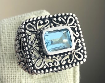 BARSE Sterling Silver Blue Topaz Scroll Ring - Size 7.5